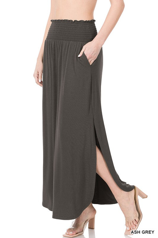 Zenana Smocked Waist Maxi Skirt With Pockets - Online Only