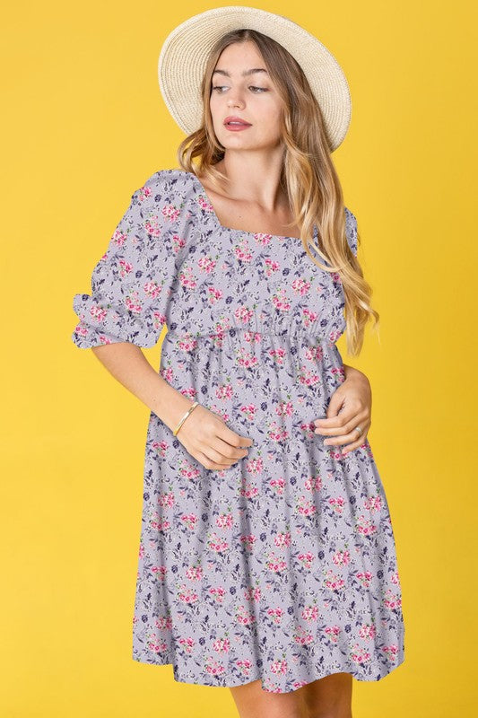 PLUS Branch Floral Squared Neck Mini Dress