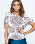 Renee C. Paisley Print Round neck Top with Puff Sleeve