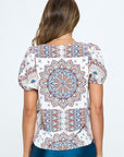 Renee C. Paisley Print Round neck Top with Puff Sleeve