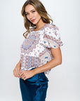 Renee C. Paisley Print Round neck Top with Puff Sleeve