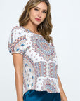 Renee C. Paisley Print Round neck Top with Puff Sleeve