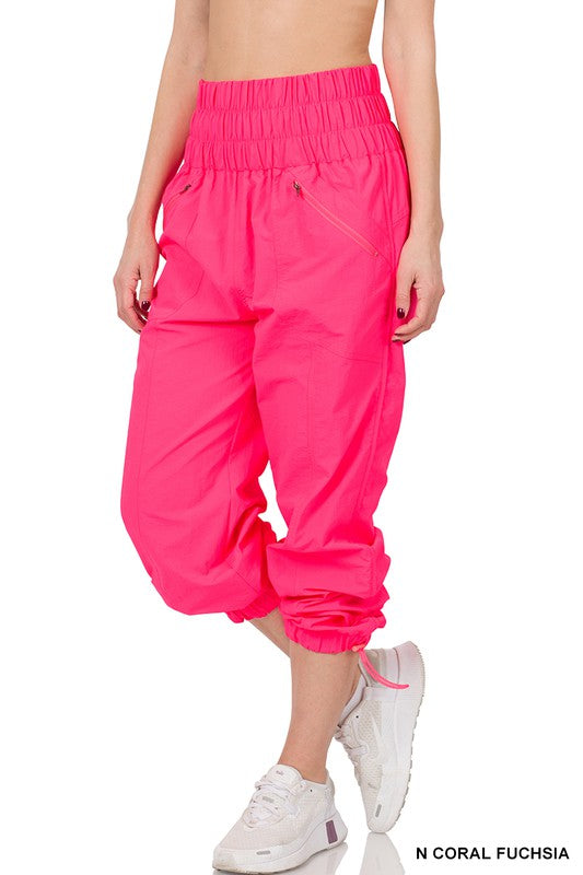 ZENANA Windbreaker Smocked High Waistband Jogger Pants