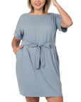 Zenana Plus Brushed Tie-Belt Dress - Online Only