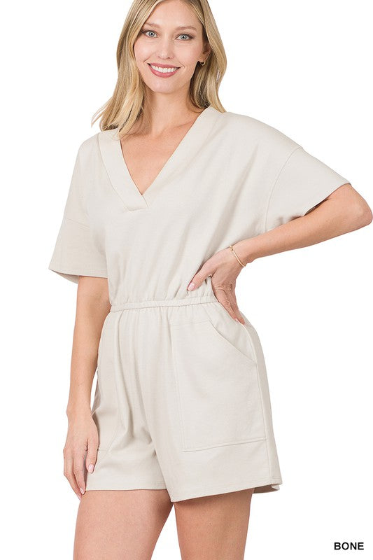 ZENANA Drop Shoulder V-Neck Romper with Pockets