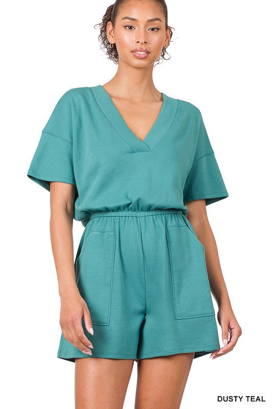 ZENANA Drop Shoulder V-Neck Romper with Pockets