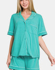 Zenana Button Down Short Sleeve Top and Shorts Lounge Set