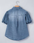 Denim Frilled Short Sleeve Snap Button Shirt