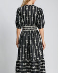 Umgee Bow Tie Print Notched Contrast Velvet Trim Midi Dress