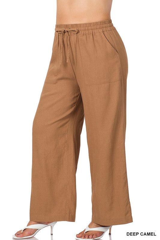 Zenana Plus Linen Drawstring Waist Pant with Pockets