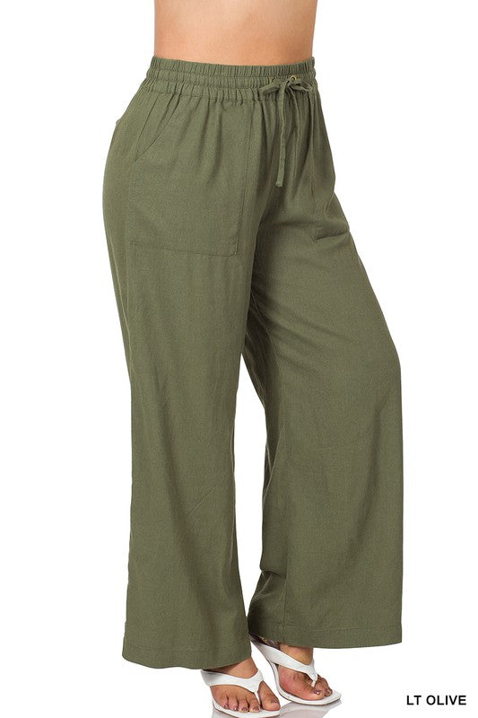 Zenana Plus Linen Drawstring Waist Pant with Pockets