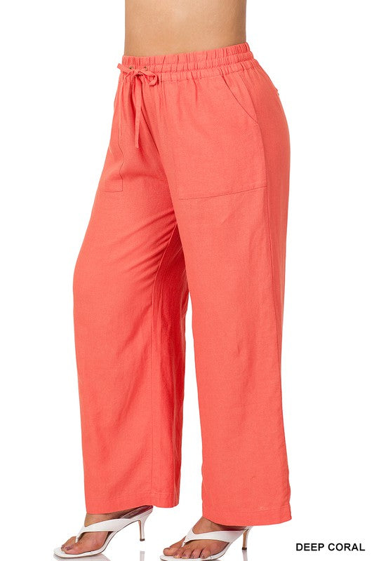 Zenana Plus Linen Drawstring Waist Pant with Pockets