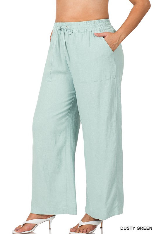 Zenana Plus Linen Drawstring Waist Pant with Pockets