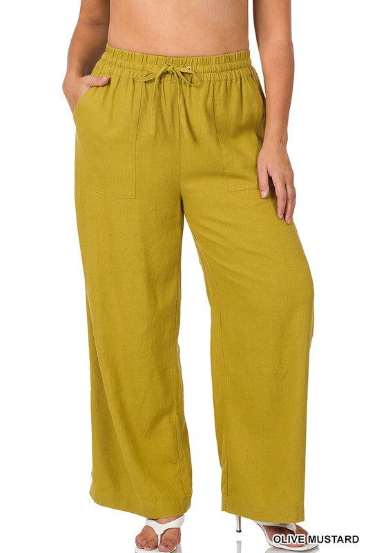 Zenana Plus Linen Drawstring Waist Pant with Pockets