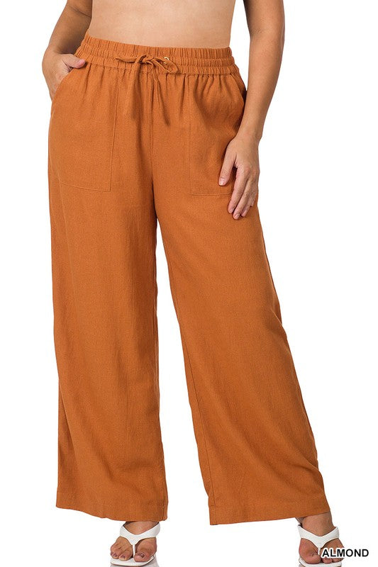 Zenana Plus Linen Drawstring Waist Pant with Pockets