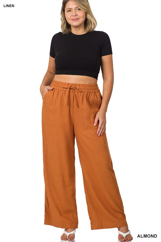 Zenana Plus Linen Drawstring Waist Pant with Pockets