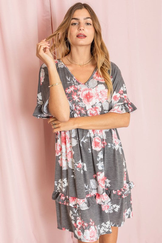 Floral V Neck Ruffle Dress