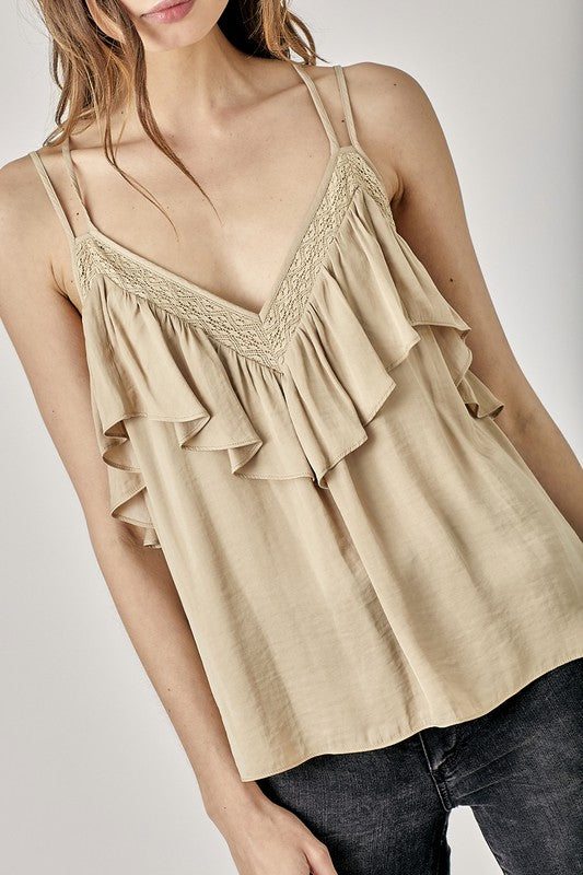 Mustard Seed Trim Detail Ruffled Cami Top - Online Only