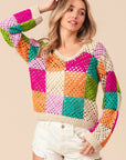 BiBi Multi Color Checkered Long Sleeve Knit Top