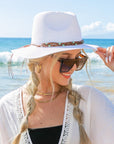 Beaded Belt Straw Panama Fedora Hat