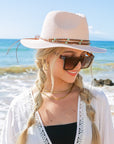 Beaded Belt Straw Panama Fedora Hat