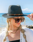 Beaded Belt Straw Panama Fedora Hat