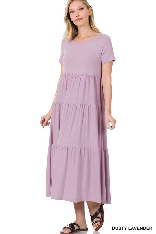 Zenana Short Sleeve Tiered Midi Dress