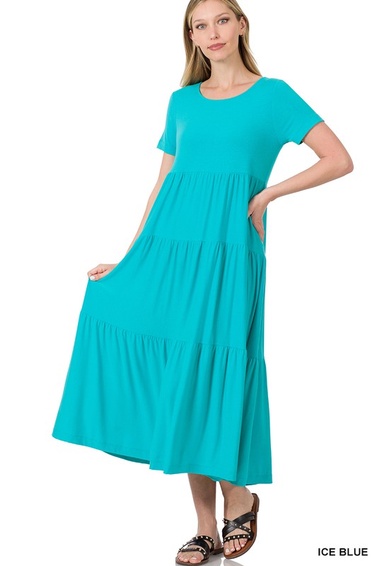 Zenana Short Sleeve Tiered Midi Dress