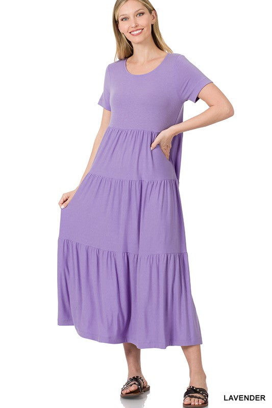 Zenana Short Sleeve Tiered Midi Dress