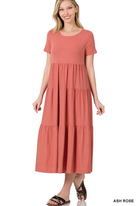 Zenana Short Sleeve Tiered Midi Dress