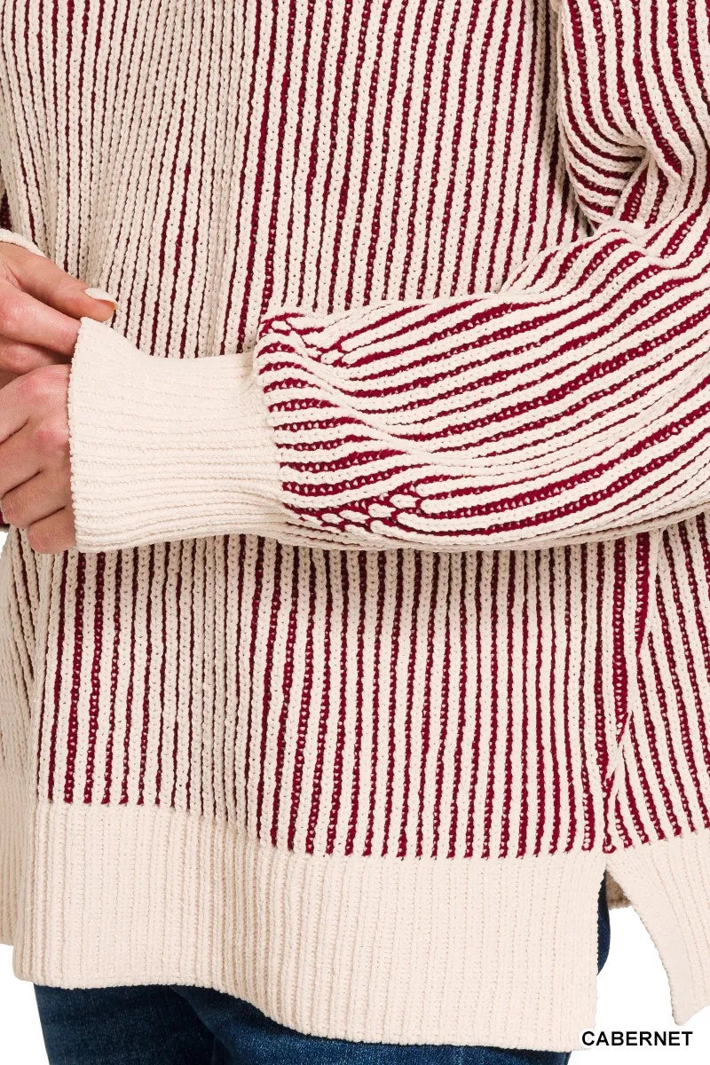 Zenana Two Tone Crewneck Sweater in Cabernet