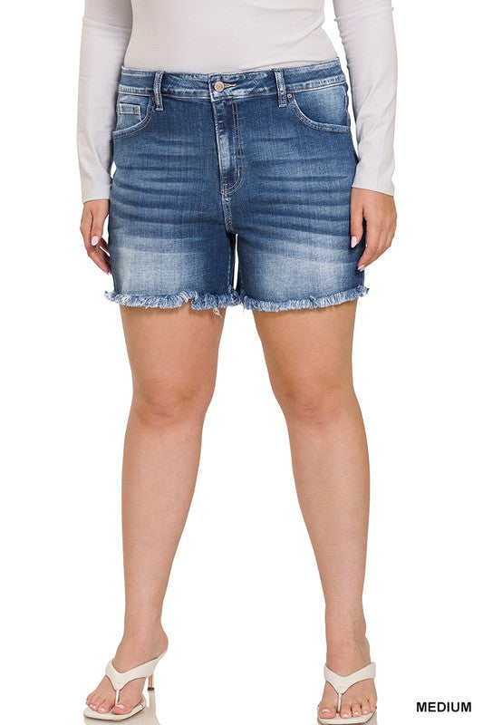 Zenana Plus Mid Rise Raw Hem Denim Shorts - Online Only