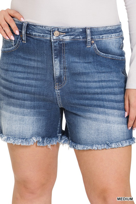 Zenana Plus Mid Rise Raw Hem Denim Shorts