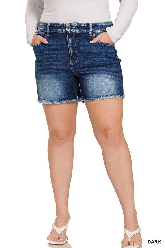 Zenana Plus Mid Rise Raw Hem Denim Shorts - Online Only