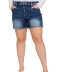 Zenana Plus Mid Rise Raw Hem Denim Shorts - Online Only