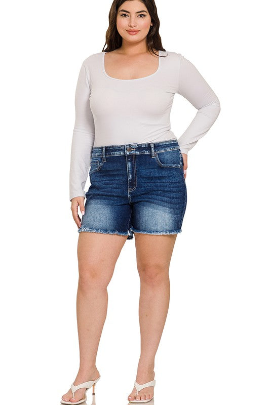 Zenana Plus Mid Rise Raw Hem Denim Shorts - Online Only