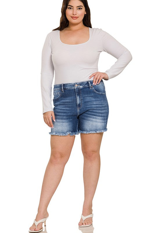 Zenana Plus Mid Rise Raw Hem Denim Shorts