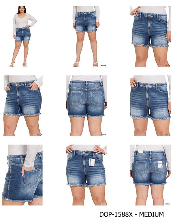 Zenana Plus Mid Rise Raw Hem Denim Shorts