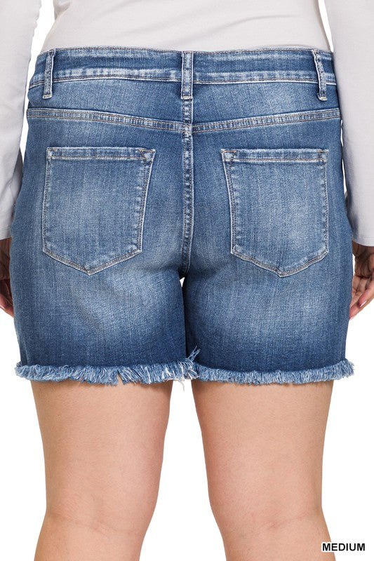 Zenana Plus Mid Rise Raw Hem Denim Shorts - Online Only