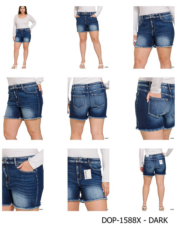 Zenana Plus Mid Rise Raw Hem Denim Shorts - Online Only