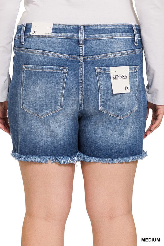 Zenana Plus Mid Rise Raw Hem Denim Shorts - Online Only