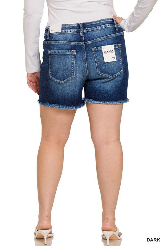 Zenana Plus Mid Rise Raw Hem Denim Shorts