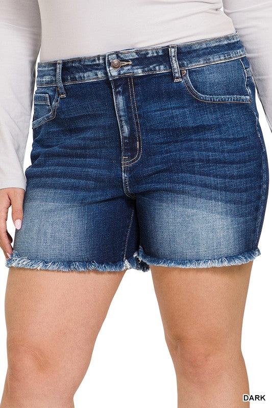 Zenana Plus Mid Rise Raw Hem Denim Shorts - Online Only