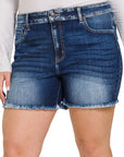 Zenana Plus Mid Rise Raw Hem Denim Shorts - Online Only