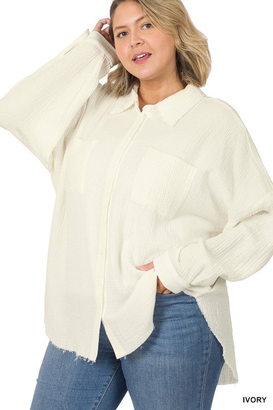 Zenana Plus Oversized Raw Edge Shirt - Online Only