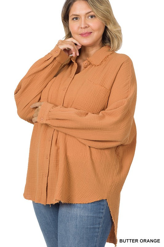 Zenana Plus Oversized Raw Edge Shirt - Online Only