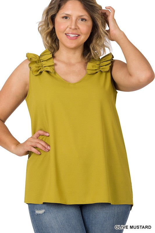 PLUS Zenana Plus Woven Wool Dobby Ruffle Trim Sleeveless Top