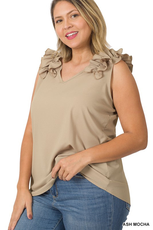 PLUS Zenana Plus Woven Wool Dobby Ruffle Trim Sleeveless Top