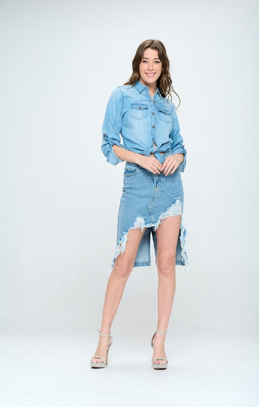 Front Destroyed Denim Skirt - Online Only