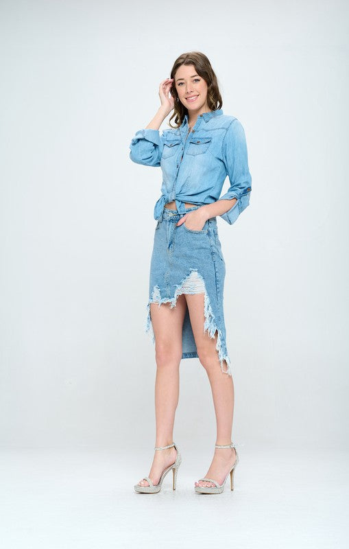 Front Destroyed Denim Skirt - Online Only